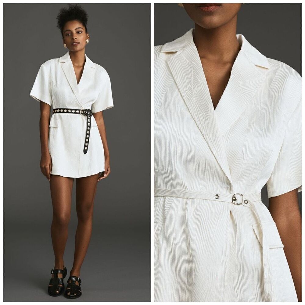 Lorenzo Short Sleeve White Blazer Dress Textured